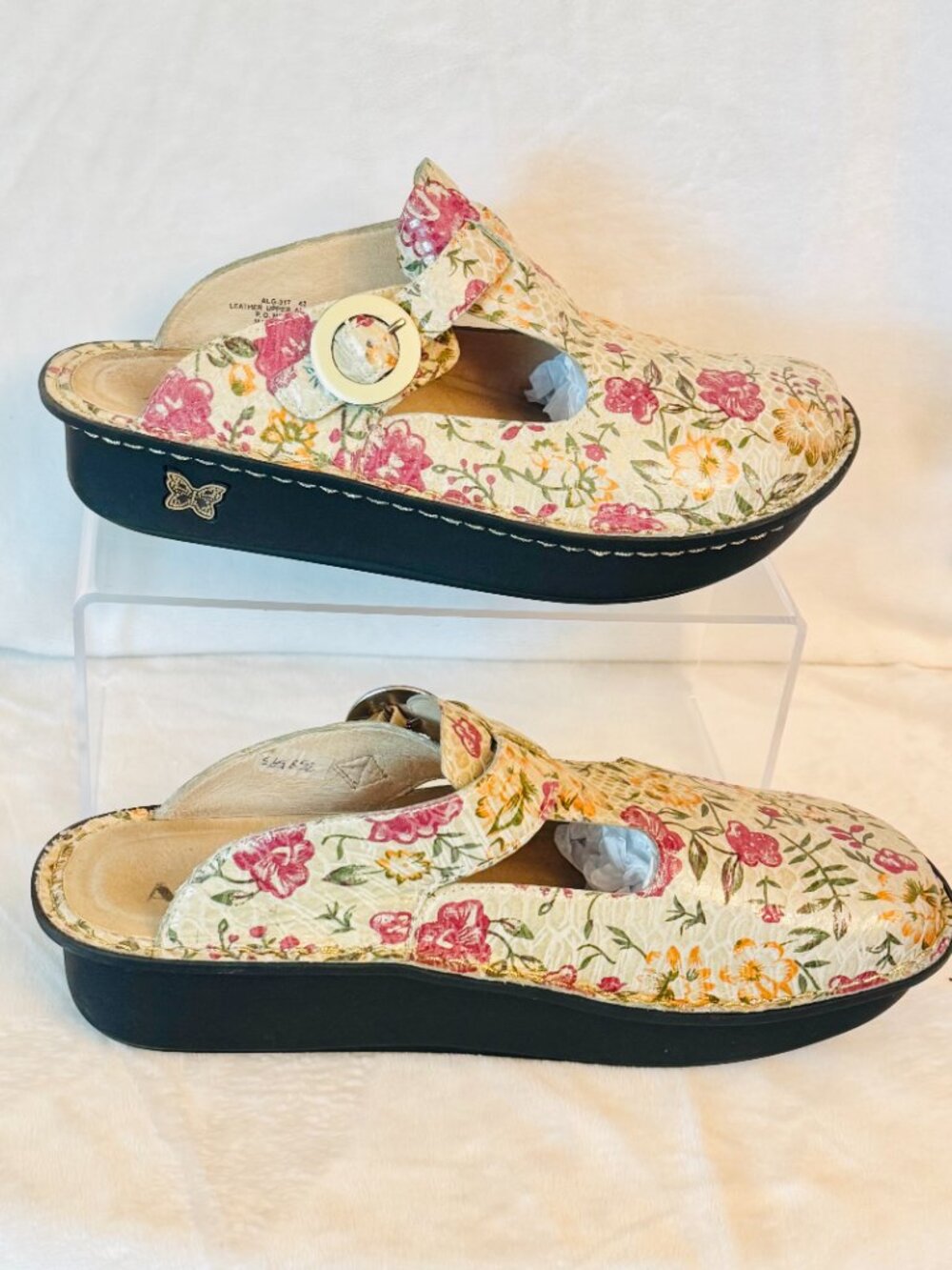 Alegria Classic Clog Women's 11/42 Floral Pink Tan Leather Slip on Mules Shoes